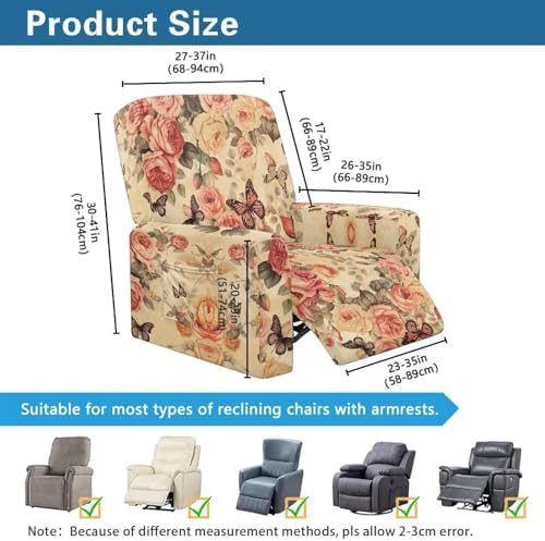 Freewander Roses Butterfly Recliner Chair Covers 4 Piece Set