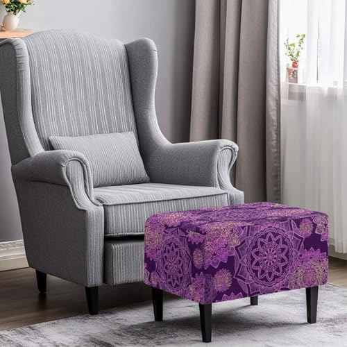 Purple Flower Rectangular Ottoman Cover with Nonslip Elastic Bottom