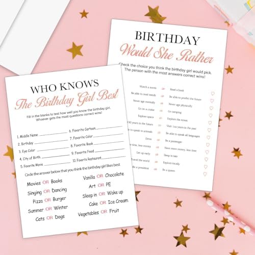 Birthday Party Games Set - 20 Girly Cards for 20 Guests