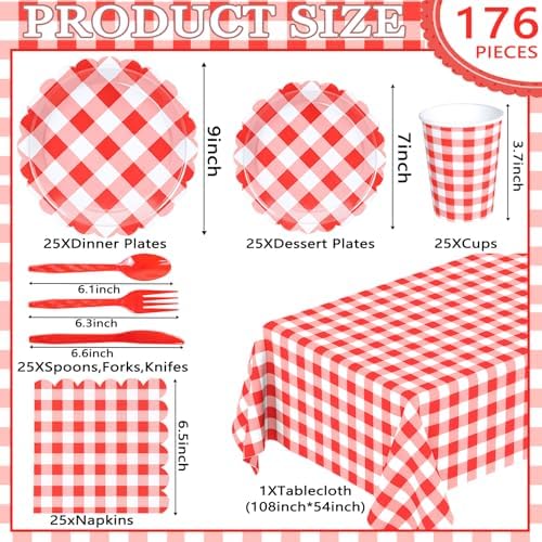 WNINK 176 PCS Red Gingham Plates Napkins Set for Parties