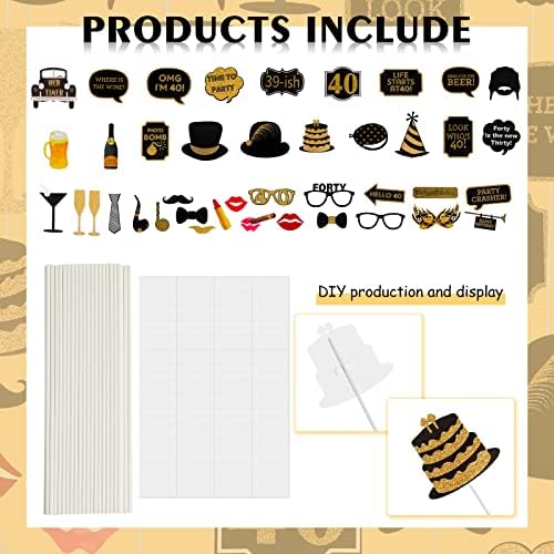 40th Birthday Photo Booth Props 41Pcs Gold Red Decor