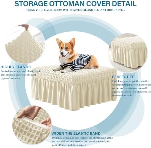Seersucker Ottoman Slipcover with Skirt - Beige Large
