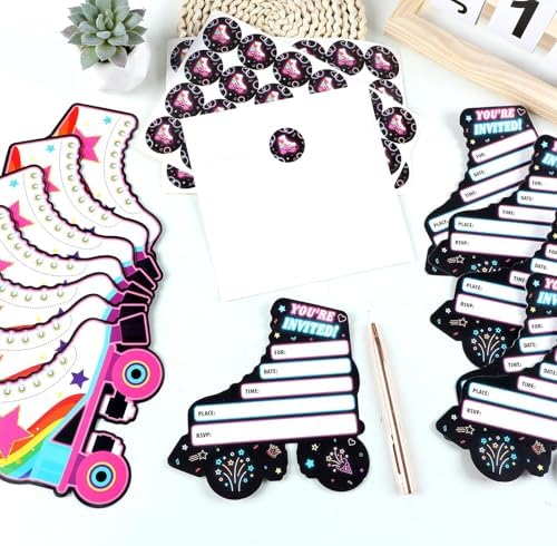 30pcs Neon Roller Skating Birthday Invitations with Envelopes and Stickers