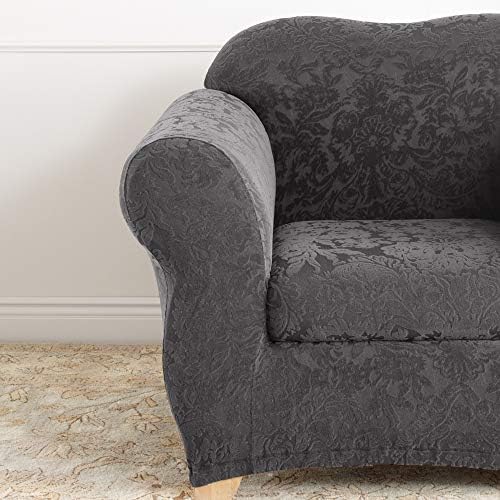 SureFit Stretch Jacquard Damask Box Cushion Chair Slipcover Form Fit Gray