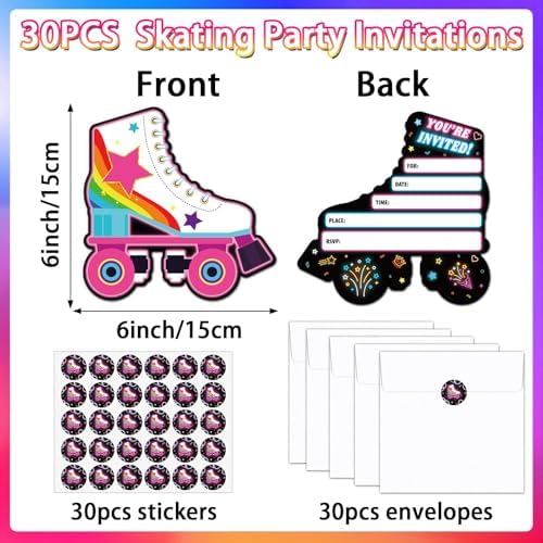 30pcs Neon Roller Skating Birthday Invitations with Envelopes and Stickers