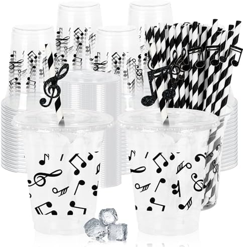 50Pcs 12Oz Black Musical Note Cups with Lids and Straws
