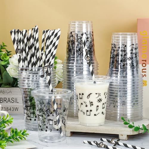 50Pcs 12Oz Black Musical Note Cups with Lids and Straws
