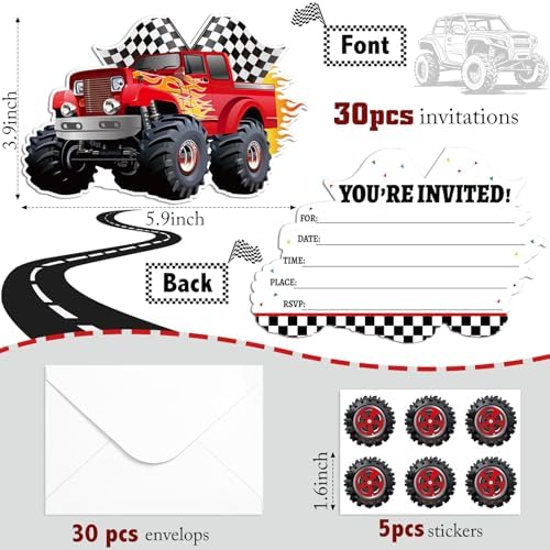 30 Piece Monster Truck Birthday Party Invitations Set