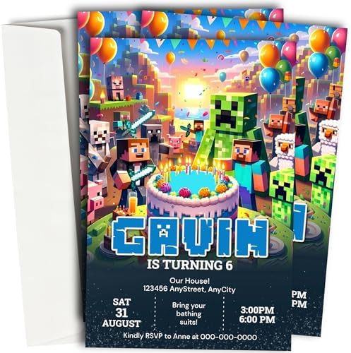 12 Custom Minecraft Birthday Invites With Envelopes Gaming Theme 45 x 65 Inches