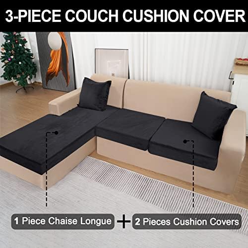 Velvet Sectional Couch Cover with Pillowcases Black