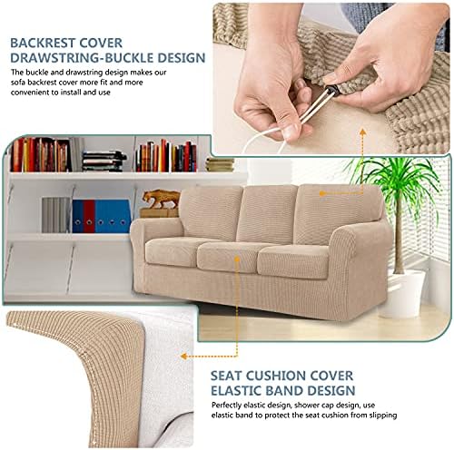 7 Piece Stretch Sofa Covers Khaki Jacquard