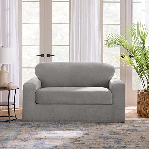 SureFit Cedar Stretch Texture Loveseat Slipcovers Gray 1