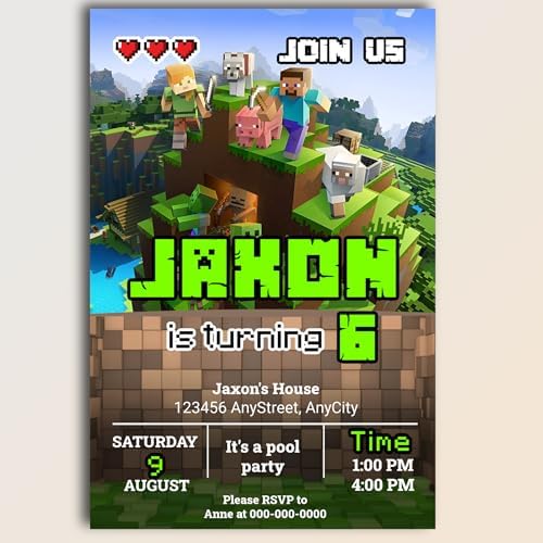 Customizable Minecraft Birthday Invites with Envelopes