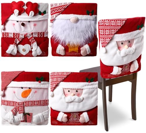 4 Pcs Christmas Chair Covers with Santa Claus Snowman Reindeer Design