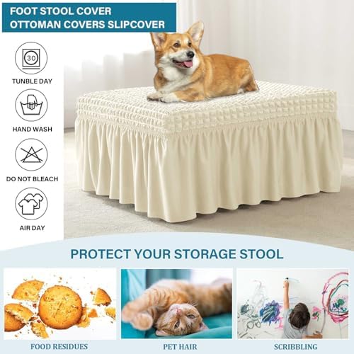 Seersucker Ottoman Slipcover with Skirt - Beige Large