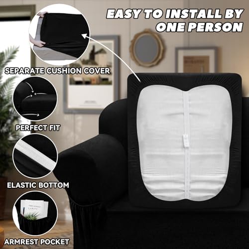 Loveseat Slipcover with Armrest Pockets 3-Piece Set Black