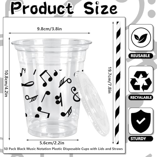 50Pcs 12Oz Black Musical Note Cups with Lids and Straws