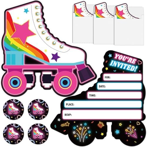 30pcs Neon Roller Skating Birthday Invitations with Envelopes and Stickers