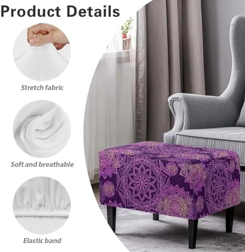 Purple Flower Rectangular Ottoman Cover with Nonslip Elastic Bottom