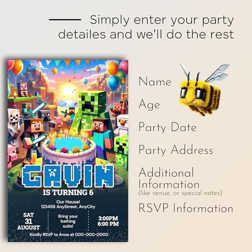 12 Custom Minecraft Birthday Invites With Envelopes Gaming Theme 45 x 65 Inches