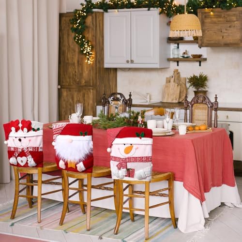 4 Pcs Christmas Chair Covers with Santa Claus Snowman Reindeer Design