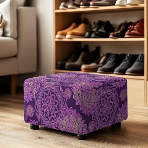 Purple Flower Rectangular Ottoman Cover with Nonslip Elastic Bottom