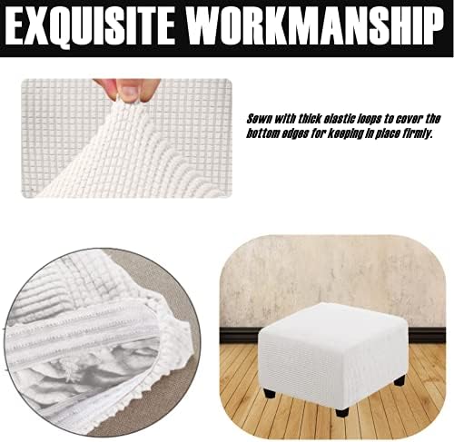 Soft Square Ottoman Cover - Durable Stretchable Jacquard Slipcover with Elastic Bottom - Large White