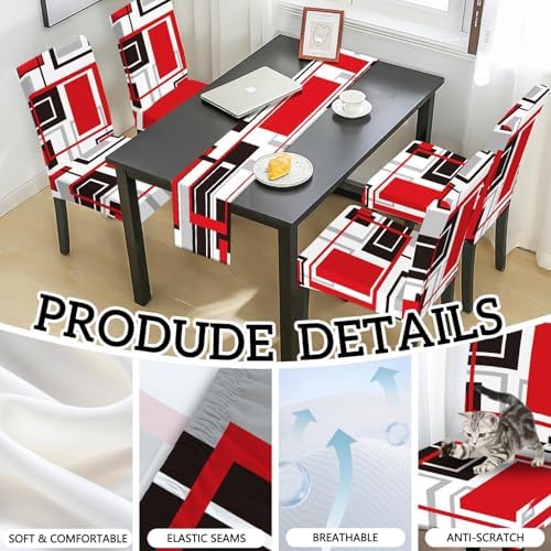 MCALK Abstract Red Chair Covers Set of 4 and Table Runner