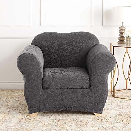 SureFit Stretch Jacquard Damask Box Cushion Chair Slipcover Form Fit Gray