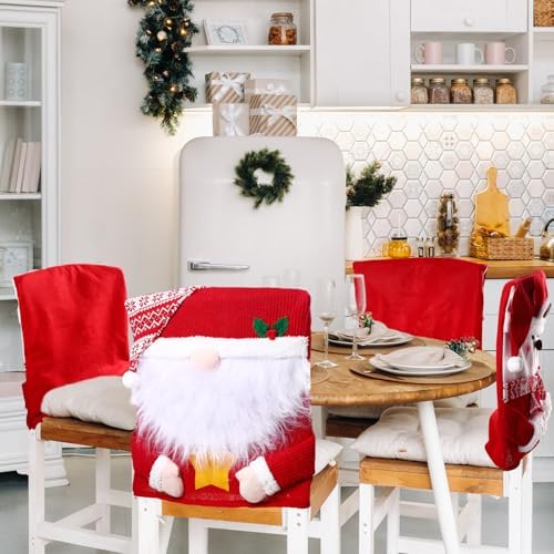 4 Pcs Christmas Chair Covers with Santa Claus Snowman Reindeer Design
