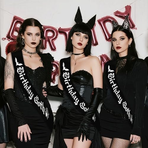 Goth Birthday Sash with White Glitter Bats and Gothic Lettering 1