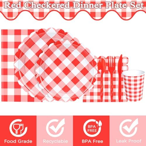 WNINK 176 PCS Red Gingham Plates Napkins Set for Parties