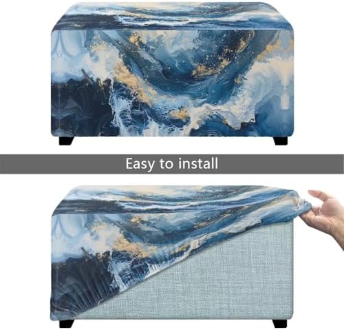 Talayituse Blue Marble Print Waterproof Stretch Ottoman Cover 1