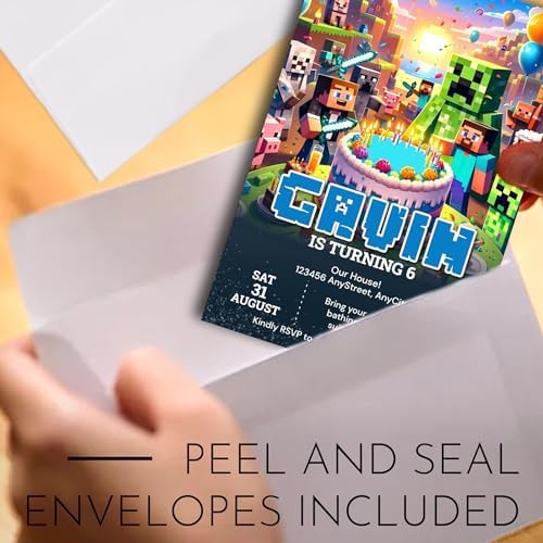 12 Custom Minecraft Birthday Invites With Envelopes Gaming Theme 45 x 65 Inches