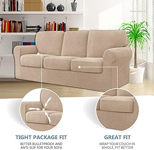 7 Piece Stretch Sofa Covers Khaki Jacquard