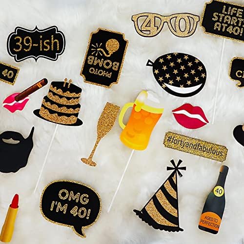 40th Birthday Photo Booth Props 41Pcs Gold Red Decor