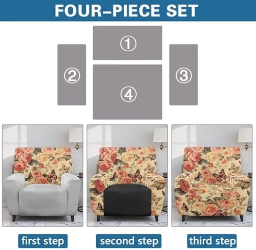 Freewander Roses Butterfly Recliner Chair Covers 4 Piece Set