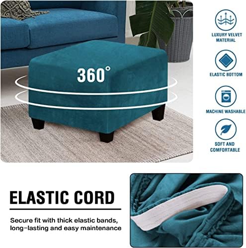 ADPON Square Velvet Ottoman Covers Stretch with Elastic Bottom X-Large Deep Teal