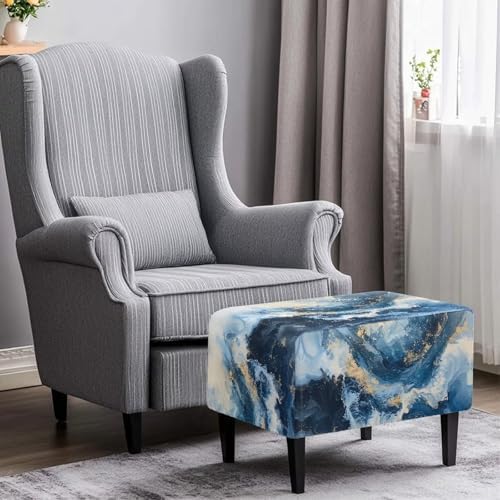 Talayituse Blue Marble Print Waterproof Stretch Ottoman Cover 1
