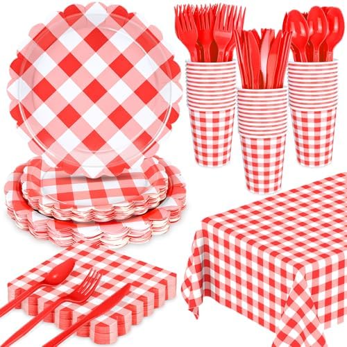 WNINK 176 PCS Red Gingham Plates Napkins Set for Parties