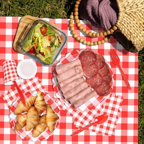 WNINK 176 PCS Red Gingham Plates Napkins Set for Parties