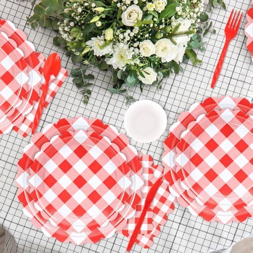 WNINK 176 PCS Red Gingham Plates Napkins Set for Parties