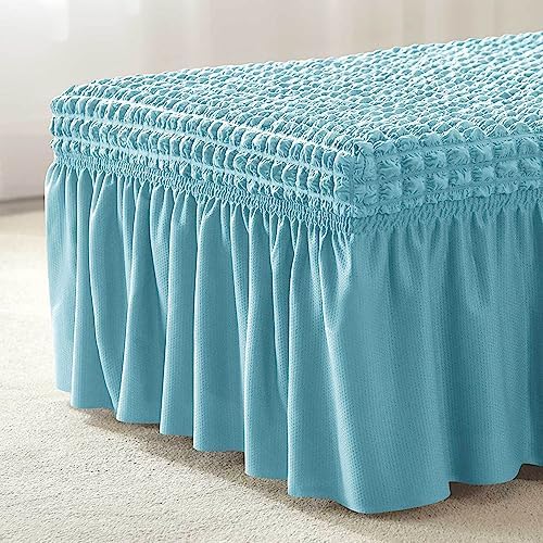 NIDITW Stretch Blue Seersucker Ottoman Cover with Skirt