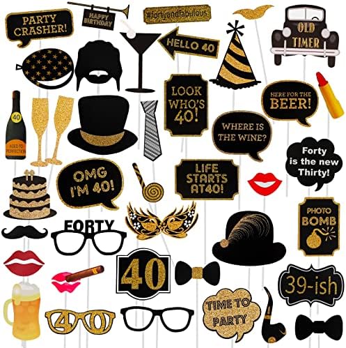 40th Birthday Photo Booth Props 41Pcs Gold Red Decor