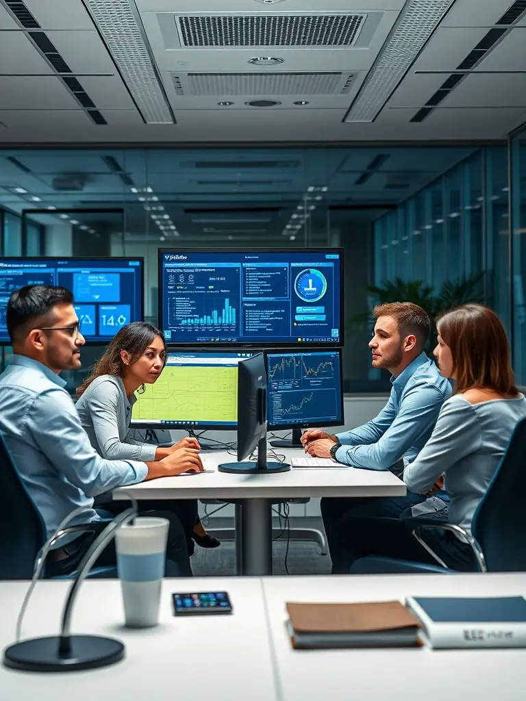 A high-resolution image depicting a team of QYBRINTHTECH LTD consultants working on integrating different software systems in a modern office environment, emphasizing seamless connectivity and data flow.