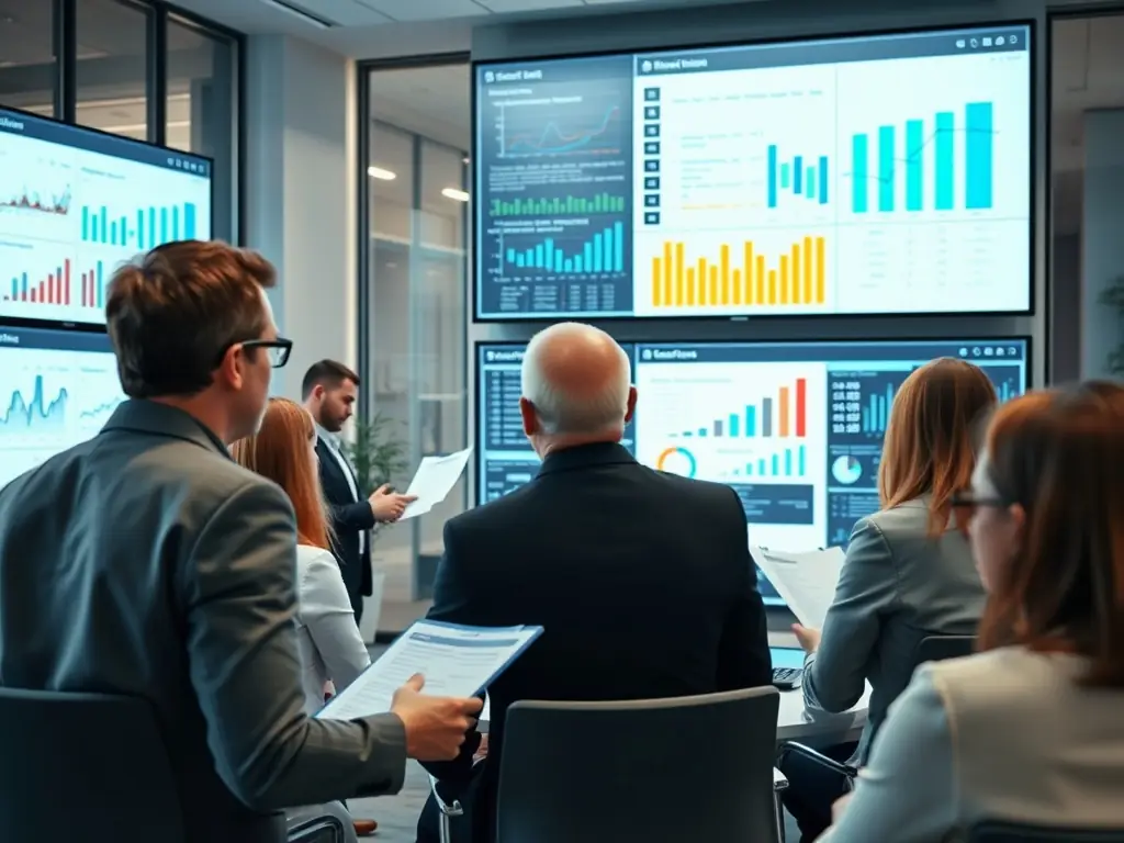 A consultant is presenting a strategic plan to a client in a modern office setting, emphasizing data-driven insights and innovative solutions.