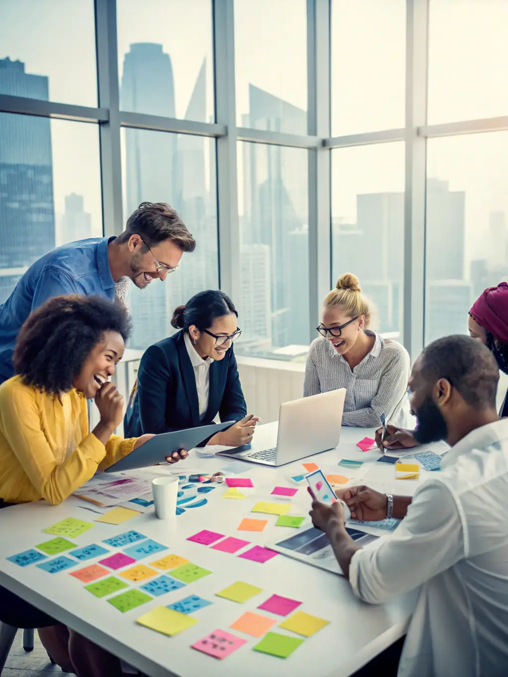 An image illustrating a strategic planning session at QYBRINTHTECH LTD, with consultants brainstorming and developing technology strategies aligned with business goals.