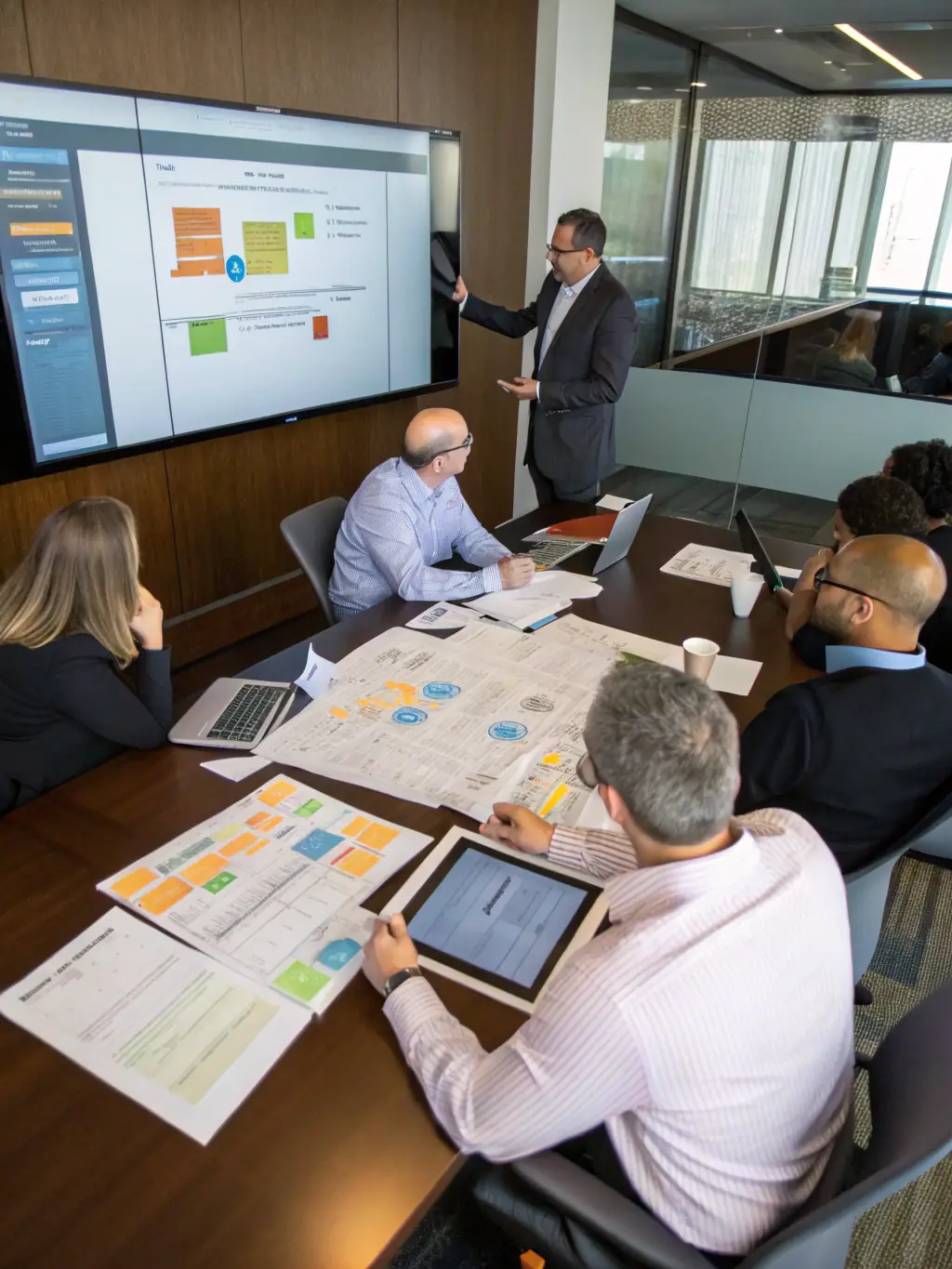 A group of executives are engaged in a strategic planning session, brainstorming innovative ideas to achieve business goals with QYBRINTHTECH LTD.