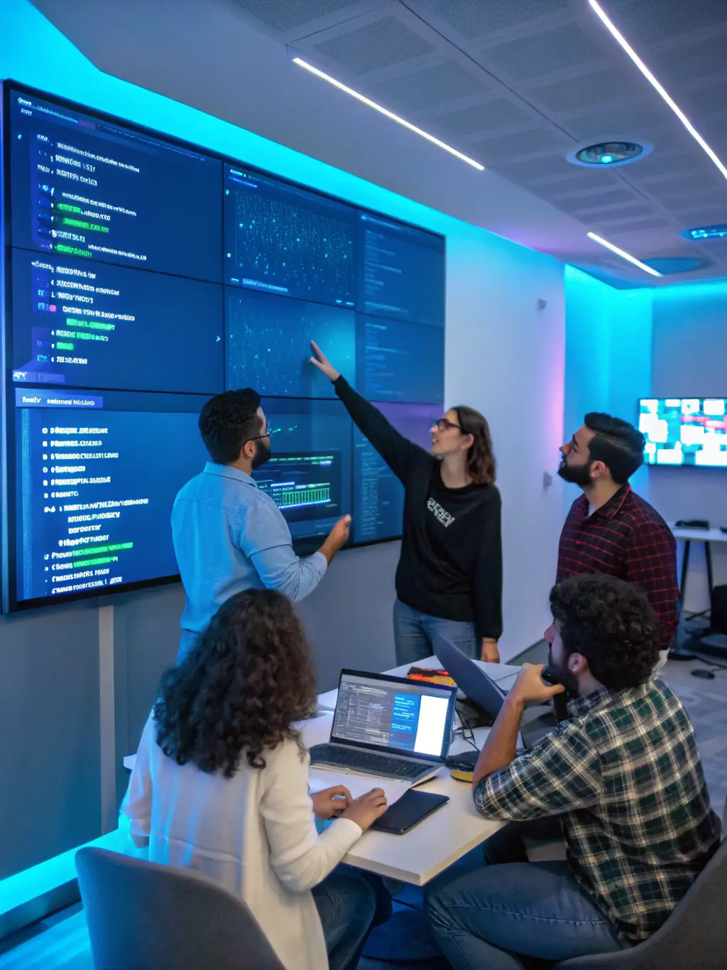 A diverse team of IT professionals are collaboratively integrating a complex software system, showcasing QYBRINTHTECH LTD's technology integration service.