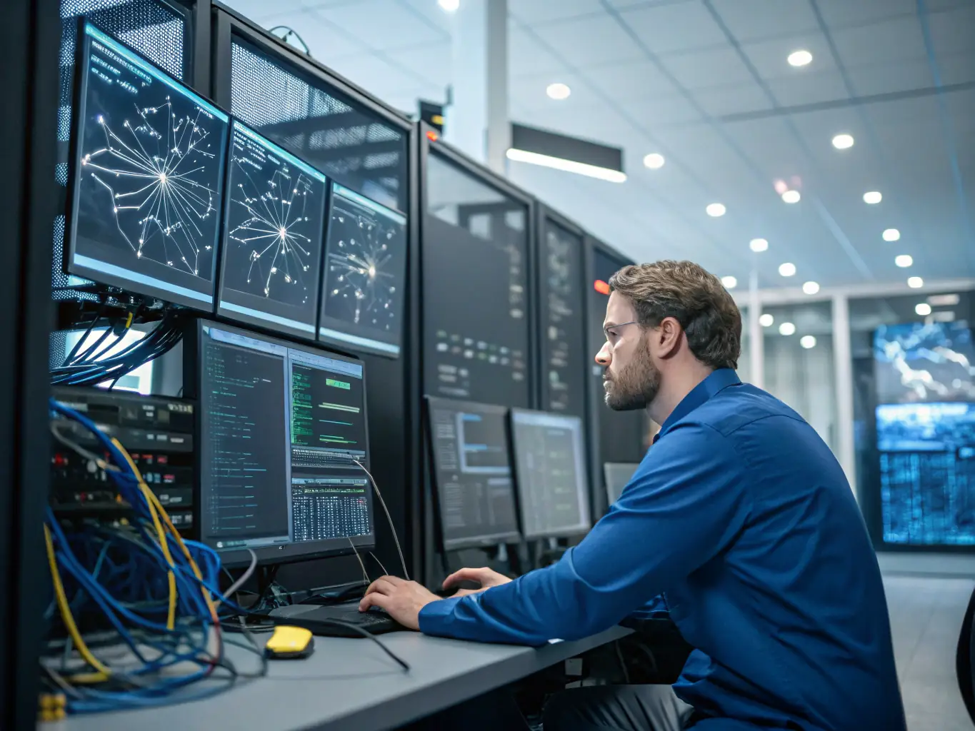 An engineer is optimizing a complex system architecture, focusing on efficiency, scalability, and seamless integration of new technologies.